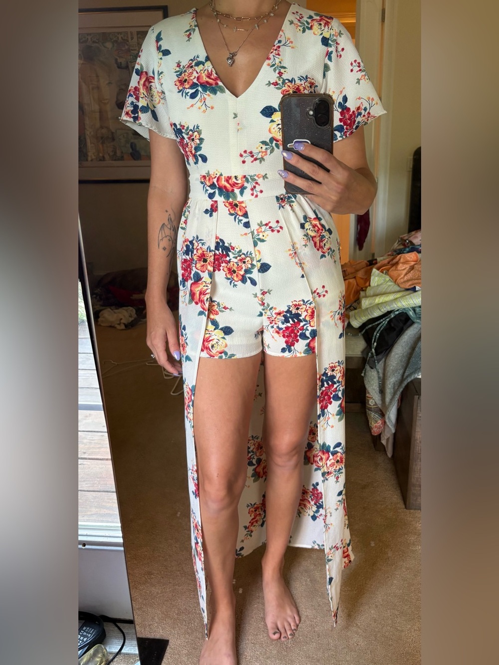 White Floral Overlay Romper Jumpsuit with Red Orange Yellow & Blue Bouquet Print